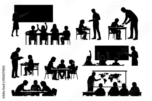 Silhouette of diverse classroom activities and interactions.