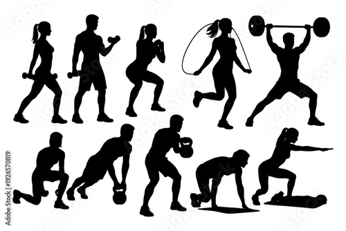 Silhouettes of men and women exercising with weights and jump rope.