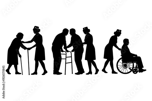 Silhouette of elderly care: nurses assisting seniors with walkers and wheelchair.