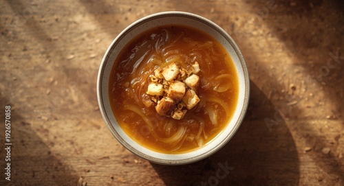 Slimmed French onion soup garnished with unseasoned croutons top view