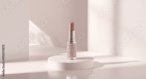 Shimmer lipstick product with sparkling finish on white display
