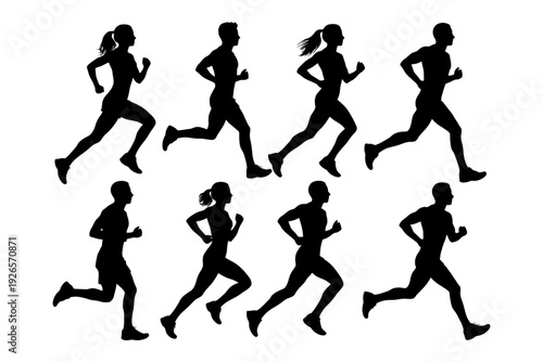 Silhouette of diverse runners in motion on white background.