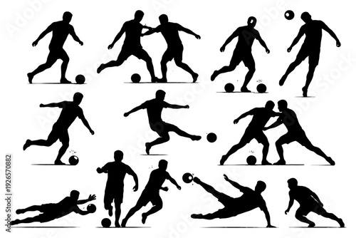 Silhouettes of male soccer players in action poses with ball.