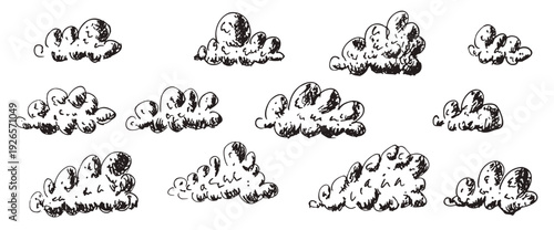 Clouds hand drawn set. Vintage doodle sketch sky. Retro ink pencil cloudskape. Vector illustration isolated on white background.