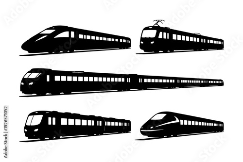 Silhouettes of modern and classic trains on white background.