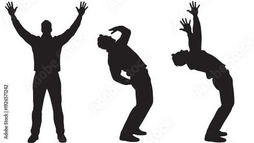 Men silhouette poses set with arms raised and backbend stretch positions, black human figures isolated on white background for fitness, dance, yoga concept