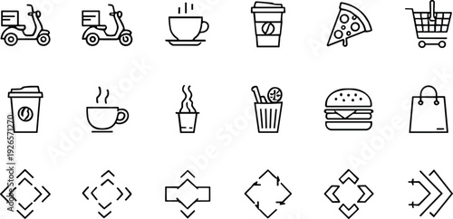 Food Delivery and Fast Food Line Icons Set with Scooter, Coffee, Burger, Pizza and Shopping Cart Symbols