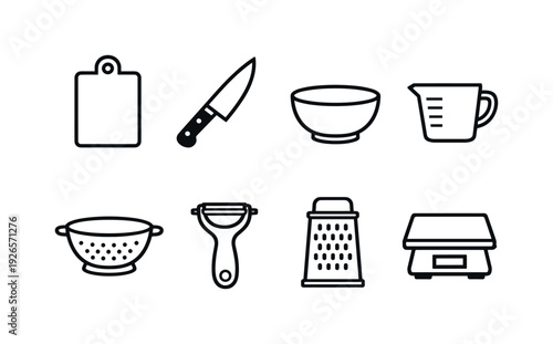 Home kitchen food prep tools: cutting board, chef knife, mixing bowl, measuring cup, colander, peeler, grater, kitchen scale