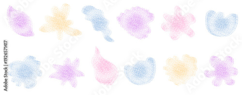 Flower and leaves grainy and blurry gradient shapes. Gentle florals set with soft blur dissolved with pastel colors. Organic sand noise icons for y2k design. Vector grainy wildflowers figures on white