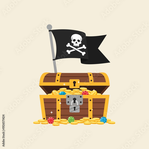 Open pirate treasure chest overflowing with gold coins and jewels, pirate flag on top.
