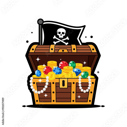 Open pirate treasure chest filled with gold coins, jewels, and pearls, Jolly Roger flag