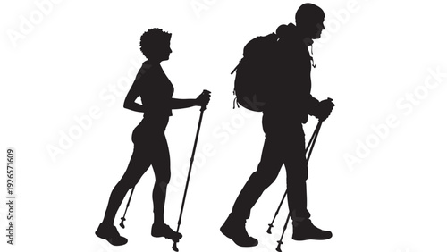 Hikers silhouette couple walking with trekking poles and backpack, outdoor adventure and hiking travel concept, isolated black figures on white background