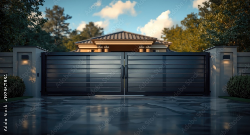 Obraz premium Sophisticated automated sliding gate at the front boundary of a modern villa