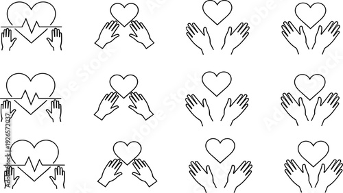 Hands Holding Heart Line Icon Set with Care Support Charity Love and Healthcare Outline Vector Collection