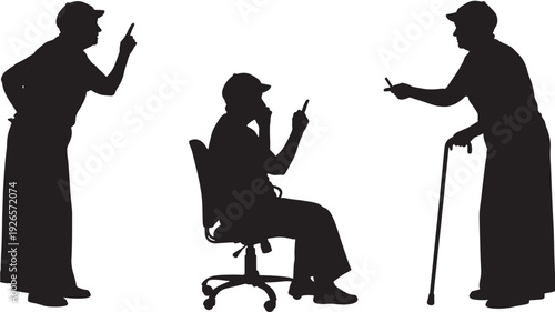 People silhouettes arguing and pointing fingers in conflict scene with senior holding cane and seated person on office chair, isolated black figures on white background
