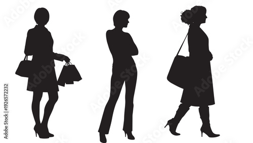 Women shopping silhouette set with standing female figures, handbags and high heels, fashion lifestyle concept, black cutout shapes isolated on white background