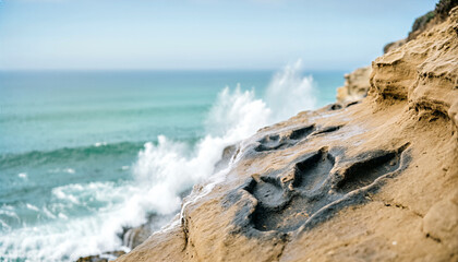 Textured sandstone cliff with large fossil footprints overlooking the ocean. Rugged coastal landscape with crashing waves
