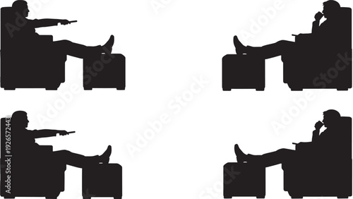 People sitting silhouette set with man pointing finger in armchair and man thinking in chair, lounge poses for therapy, interview, argument, confrontation scenes