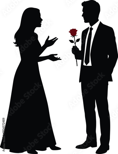 Silhouette of a man in a suit giving a red rose to a woman in a long dress, flat vector illustration.