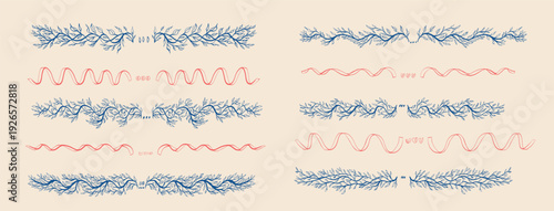Wedding party invitation tree branch, ribbon text dividers. Mediterranean page underline menu emphasis border with decorative lace, leaf. Hand-drawn foliage Amalfi summer motif. Vector text separator.