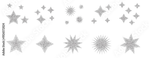 Halftone dotted stars. Blinks with stippled texture. Y2k sparkling grain gradation effects creates dynamic graphic design with spray-painted aesthetic and noise overlay. Vector set isolated on white.