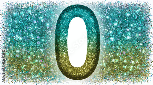 A sparkling, textured numeral zero rendered in glittering teal and gold hues