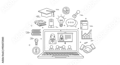 Outline illustration depicts a laptop displaying a remote online learning seminar surrounded by various educational and business icons like books, lightbulbs, and handshake symbols.