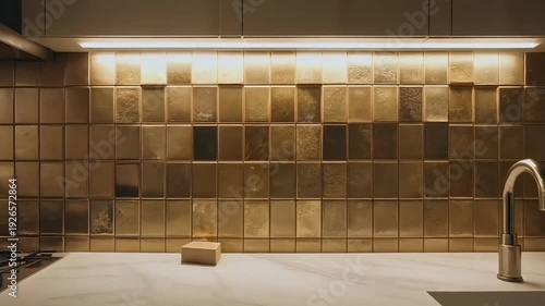 A modern brass kitchen features a stunning textured tile backsplash illuminated by warm under-cabinet lighting.