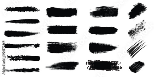 Black grunge brush stroke texture set. Rough ink underlines and redacted censorship banners. Vector marker line pack.