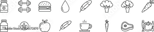Healthy Diet and Fitness Line Icons Set with Supplements, Weights, Burger, Water Drop, Vegetables and Protein Outline Vector