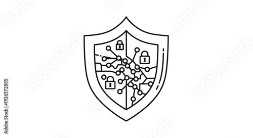 A stylized security shield icon encapsulates complex digital circuitry and multiple small padlocks, symbolizing robust data protection and network integrity.