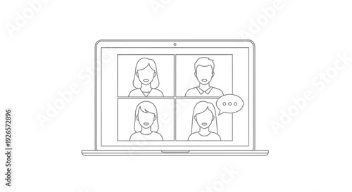 Four diverse participants engage in a remote video conference call displayed on a laptop screen, showing active communication with speech bubbles present.
