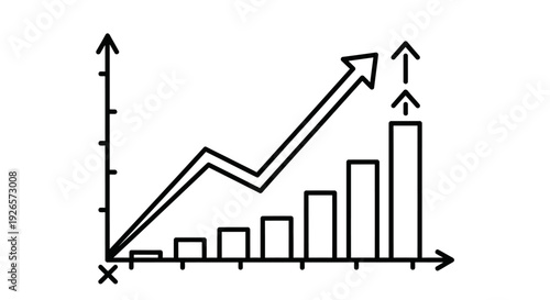 Bar chart shows increasing sequential data values along the horizontal axis with a prominent double line arrow indicating upward trend and significant growth projection.
