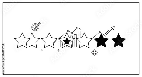 Customer satisfaction rating system displays three filled stars among five total outline symbols indicating performance review results with overlaid conceptual business graphics.
