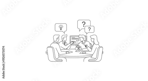 Four diverse colleagues sit around a table in a meeting discussing ideas represented by lightbulb and question mark speech bubbles above them.