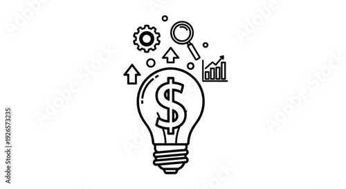 Illuminated lightbulb containing a prominent dollar sign represents a brilliant financial idea generating upward trends, gears, and magnifying glass icons.
