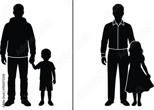 Silhouette of father holding hands with son and daughter, family bonding concept, fatherhood and childhood, flat vector illustration, white background