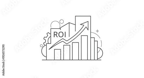 Bar chart displays significant upward growth trajectory marked with the acronym ROI, symbolizing successful investment return metrics and financial progress.