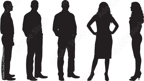 People silhouette group of five standing figures in different poses, men and women in full length profile and front view, isolated on white background for design