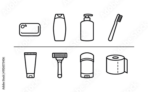 Home bathroom hygiene set: soap bar, shampoo bottle, conditioner bottle, toothbrush, toothpaste tube, shaving razor, deodorant stick, toilet paper