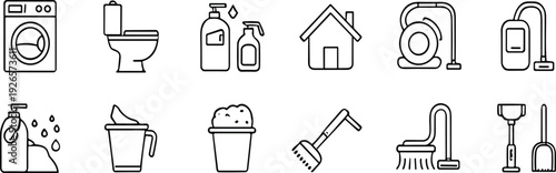 House cleaning and household appliances line icons set vacuum washer toilet tools vector outline collection