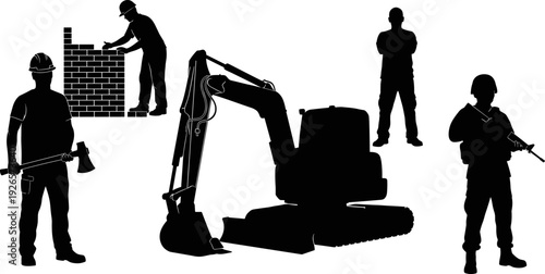 Construction workers silhouettes with excavator and tools, builder team vector illustration isolated on white background for industrial design concept
