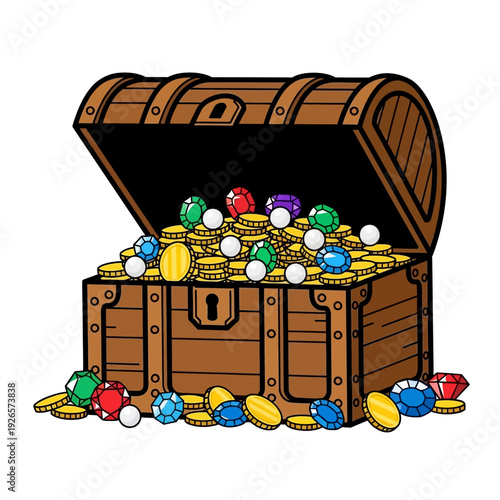 Treasure Chest Overflowing with Gold Coins and Colorful Gemstones