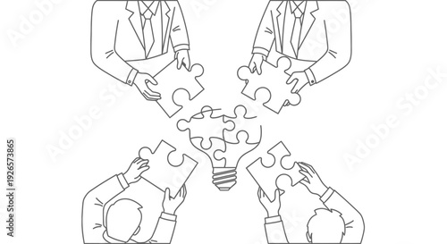 Business executives' hands collaborate from four cardinal directions, carefully placing puzzle pieces to form a central illuminated lightbulb idea.