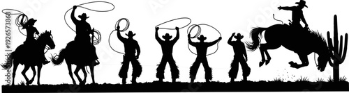 Cowboy silhouette collection, rodeo riders swinging lasso on horseback, western culture desert scene, isolated black illustration vector art background design