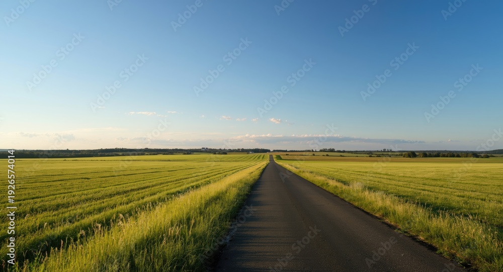 Fototapeta premium Open meadow landscape with a small road positioned centrally