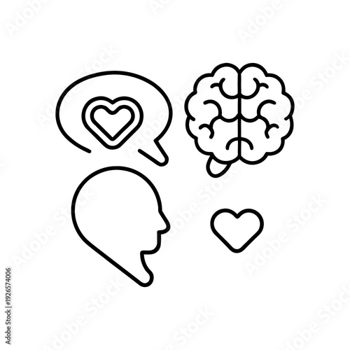 Mental health and psychology icon set featuring brain heart and human profile for emotional intelligence concept on white background