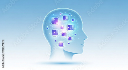 Digital human head with glowing purple app icons inside brain symbolizing technology and innovation concept