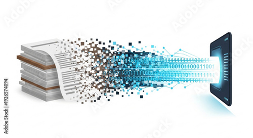 Digital data transfer from paper documents to a smartphone symbolizing modernization and innovation in information technology