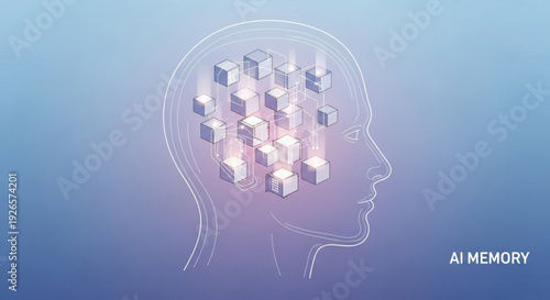 Ai memory concept with glowing cubes inside human head profile on blue background
